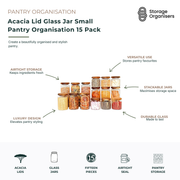15-piece acacia lid glass jar pantry organisation set featuring airtight glass storage containers with natural acacia wood lids. Perfect for storing pasta, rice, nuts, cereals, spices, baking ingredients and dry pantry goods while keeping contents fresh, visible and neatly organised. Durable glass construction, stackable design and airtight seals help maximise pantry space, reduce clutter and create a stylish, coordinated kitchen storage solution.