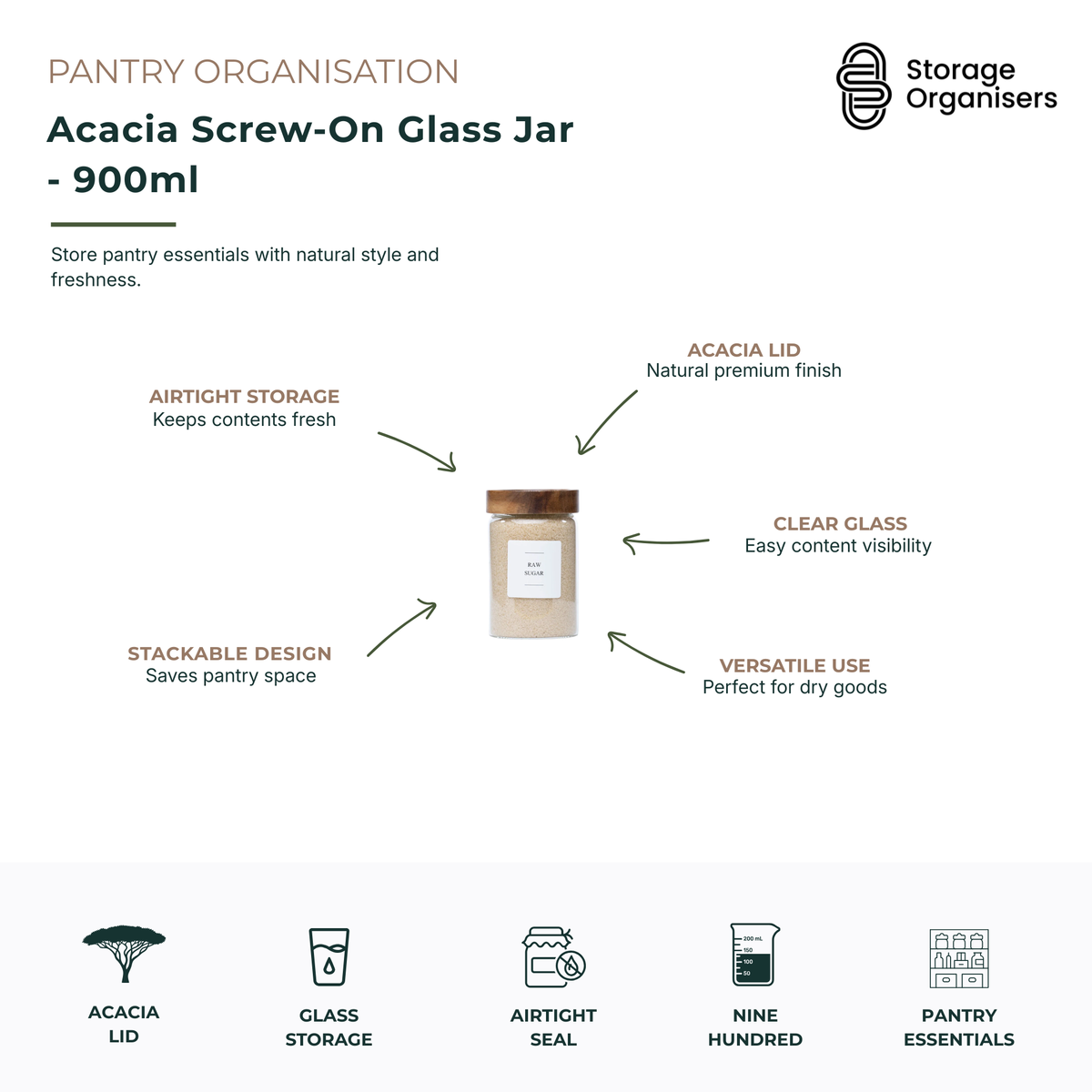 900ml acacia screw-on glass storage jar with airtight seal and premium acacia wood lid, designed for organising pantry staples such as sugar, rice, flour, pasta, grains, coffee, tea, and dry foods. Features clear glass construction for easy content visibility, stackable space-saving design, secure screw-on closure to maintain freshness, and a natural timber finish that complements modern pantry organisation and kitchen storage systems.