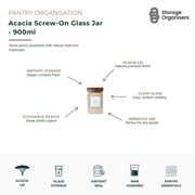 900ml acacia screw-on glass storage jar with airtight seal and premium acacia wood lid, designed for organising pantry staples such as sugar, rice, flour, pasta, grains, coffee, tea, and dry foods. Features clear glass construction for easy content visibility, stackable space-saving design, secure screw-on closure to maintain freshness, and a natural timber finish that complements modern pantry organisation and kitchen storage systems.