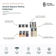Acacia Square Pantry Collection featuring airtight glass storage jars with natural acacia wood lids for premium pantry organisation. The coordinated set includes square glass containers in multiple sizes, ideal for storing pasta, rice, grains, nuts, biscuits, spices, baking ingredients and dry pantry staples. Airtight seals help maintain freshness while the clear glass design provides easy visibility, creating a modern, organised and visually cohesive pantry storage solution.