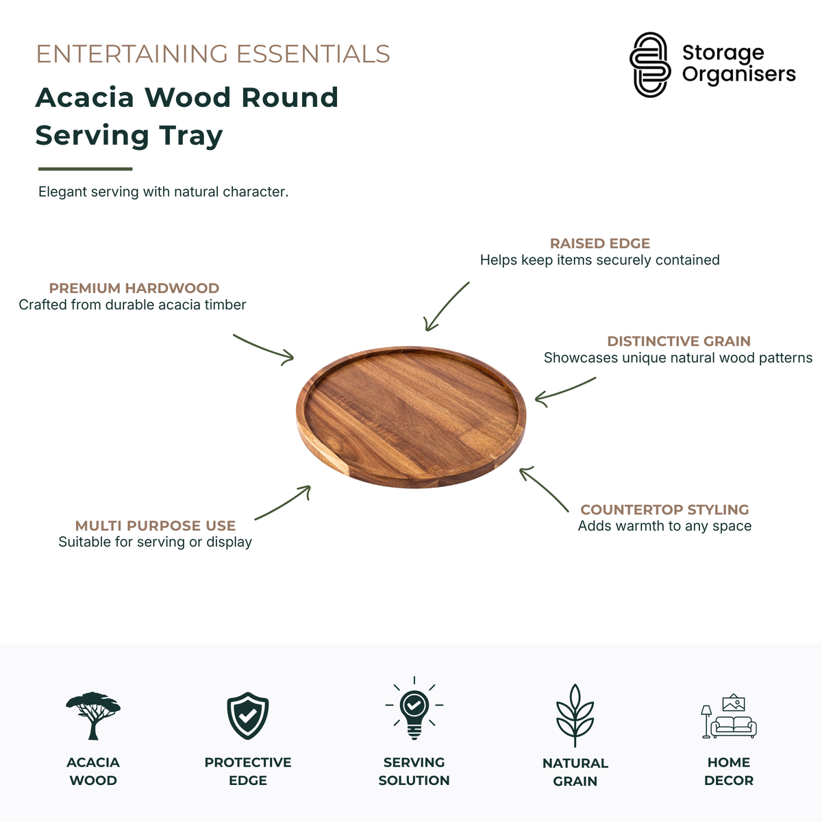 Round acacia wood serving tray crafted from premium hardwood with a raised edge for secure serving and display. Featuring a distinctive natural wood grain, this durable tray is ideal for serving drinks, coffee, tea, snacks, appetisers, desserts, and breakfast items. The elegant round design adds warmth and character to dining tables, kitchen benches, coffee tables, and entertaining spaces. Suitable for everyday use, food presentation, countertop styling, home décor displays, and special occasions. The prote