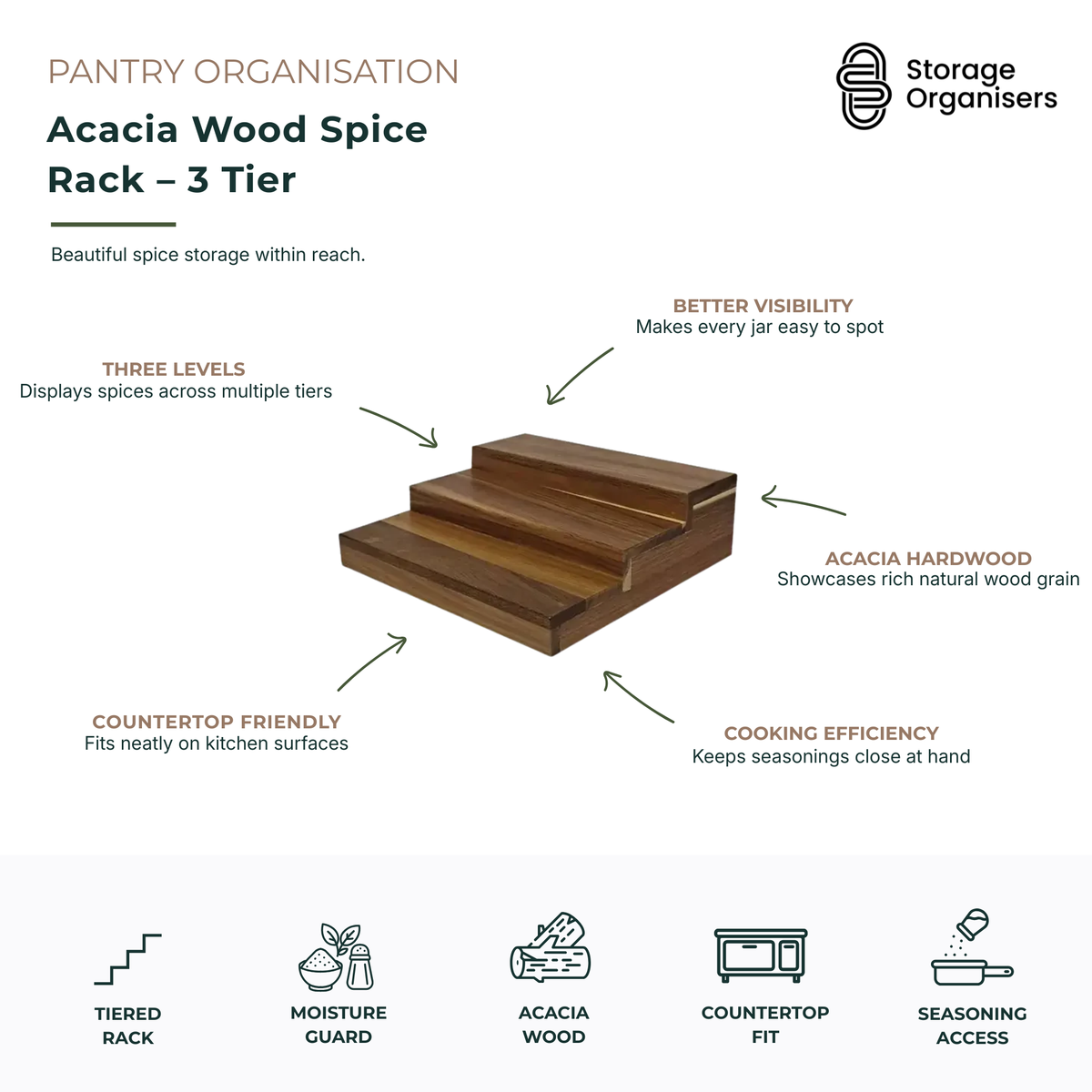 3-tier acacia wood spice rack designed to organise herbs, spices, seasoning jars, and small pantry essentials. Crafted from durable acacia hardwood with a rich natural grain, the tiered design improves visibility and access while maximising countertop, cabinet, and pantry space. Ideal for kitchen organisation, displaying spice collections, and keeping frequently used seasonings within easy reach while adding a warm, natural aesthetic to the kitchen.