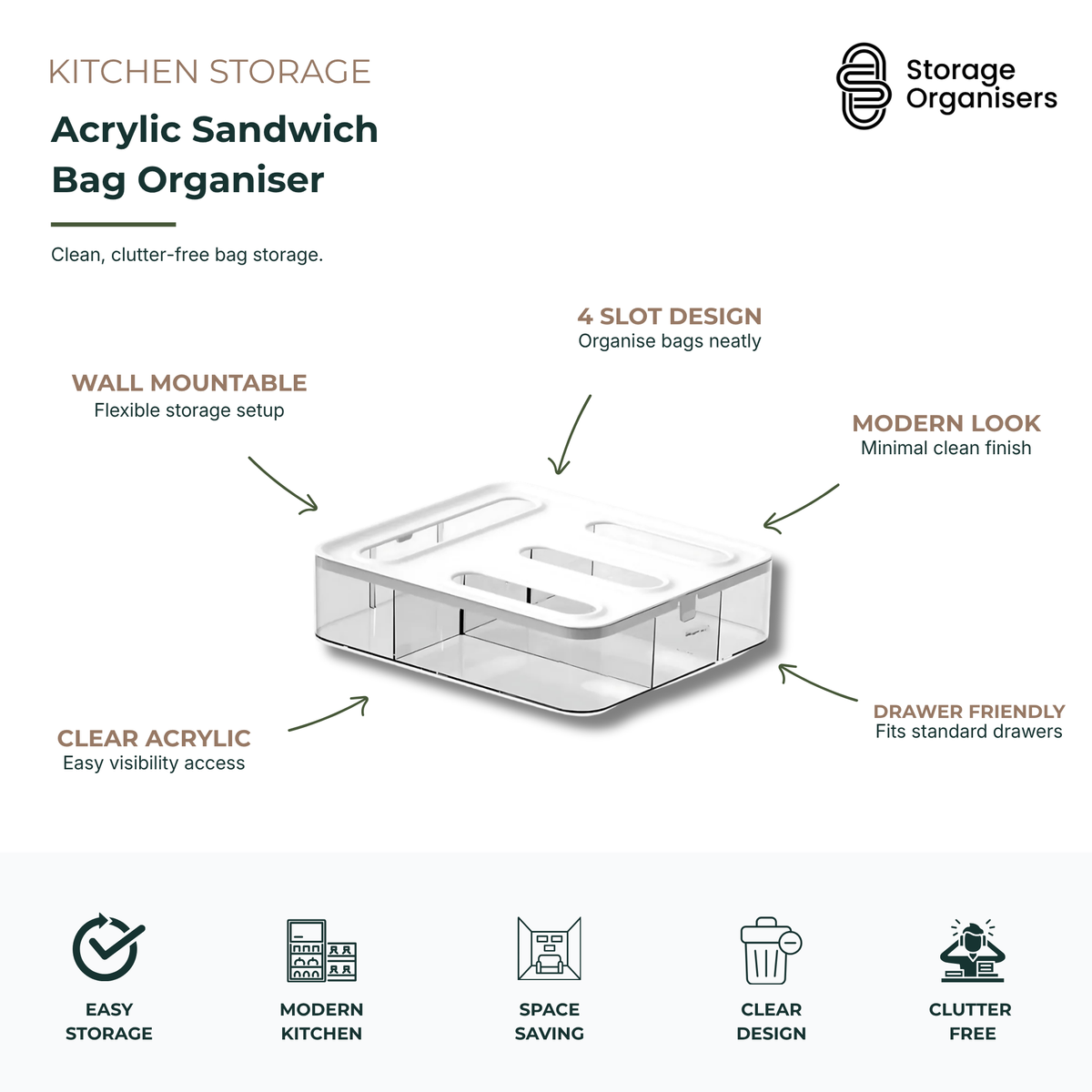 acrylic sandwich bag organiser with 4 slot dispenser, clear kitchen drawer storage solution for food bags and pantry organisation