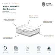 acrylic sandwich bag organiser with 4 slot dispenser, clear kitchen drawer storage solution for food bags and pantry organisation