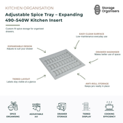 Adjustable expanding spice tray drawer insert for kitchen organisation, designed to fit drawers between 490–540mm wide. Tiered spice rack insert keeps spice jars visible, organised, and secure with anti-roll storage. Easy-clean kitchen drawer organiser maximises space, improves accessibility, and creates efficient spice storage for modern kitchens.