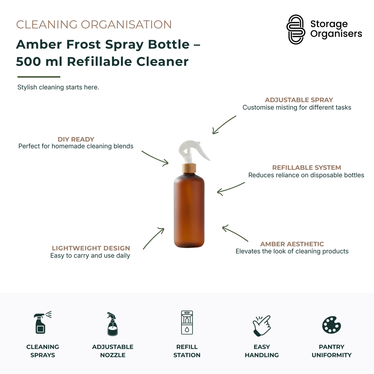500ml amber frost spray bottle refillable cleaner designed for household cleaning, DIY cleaning solutions and reusable home organisation. Features an adjustable spray nozzle for misting or targeted spraying, durable lightweight construction and a modern amber finish that elevates cleaning storage. Ideal for kitchen, bathroom, laundry and all-purpose cleaning products while reducing reliance on disposable plastic spray bottles.