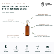 500ml amber frost spray bottle refillable cleaner designed for household cleaning, DIY cleaning solutions and reusable home organisation. Features an adjustable spray nozzle for misting or targeted spraying, durable lightweight construction and a modern amber finish that elevates cleaning storage. Ideal for kitchen, bathroom, laundry and all-purpose cleaning products while reducing reliance on disposable plastic spray bottles.