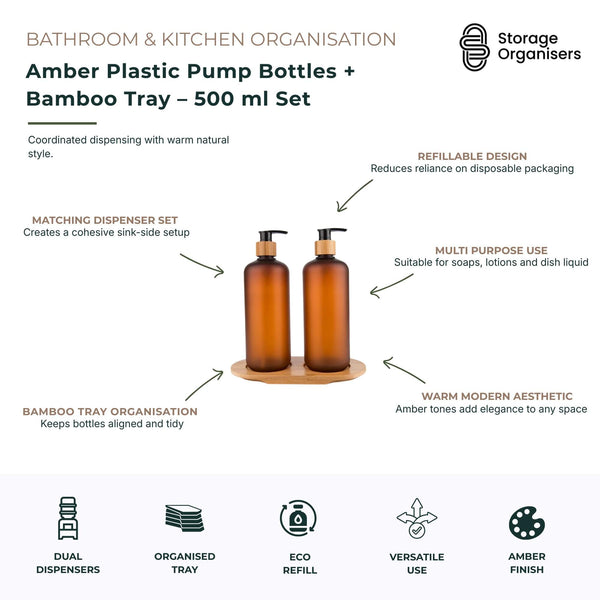 Amber Plastic Pump Bottles + Bamboo Tray – 500 ml Set