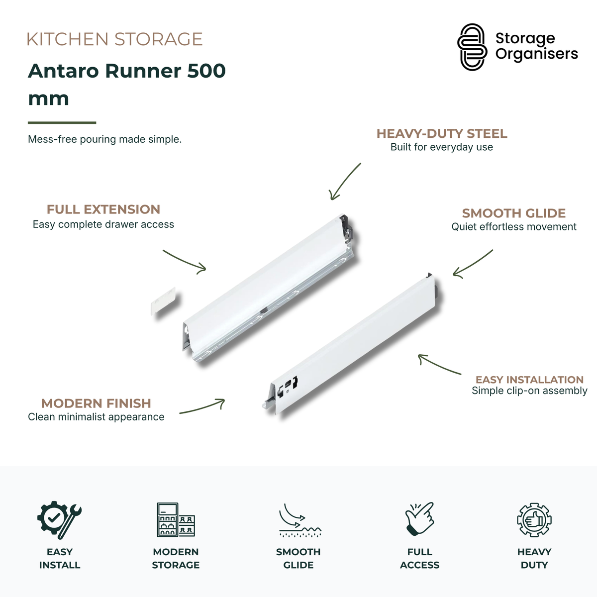 Antaro Runner 500mm pull-out bin drawer runner system with smooth glide steel rails for kitchen storage and cabinet organisation