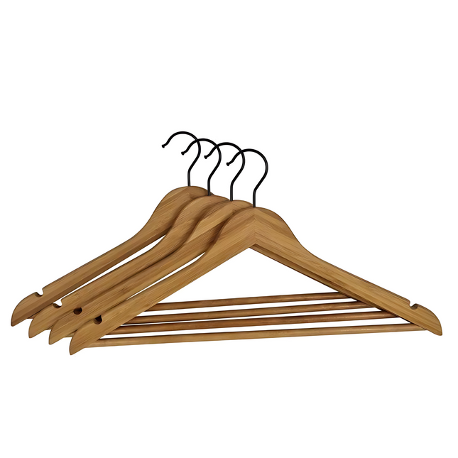 Bamboo Coat Hangers 4 Pack – Black Matte Hook, ideal for wardrobe organisation, ensuring tidy and efficient kitchen or pantry storage.