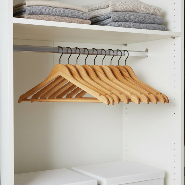 New Home Set Up Pack with bamboo hangers in wardrobe for home organisation