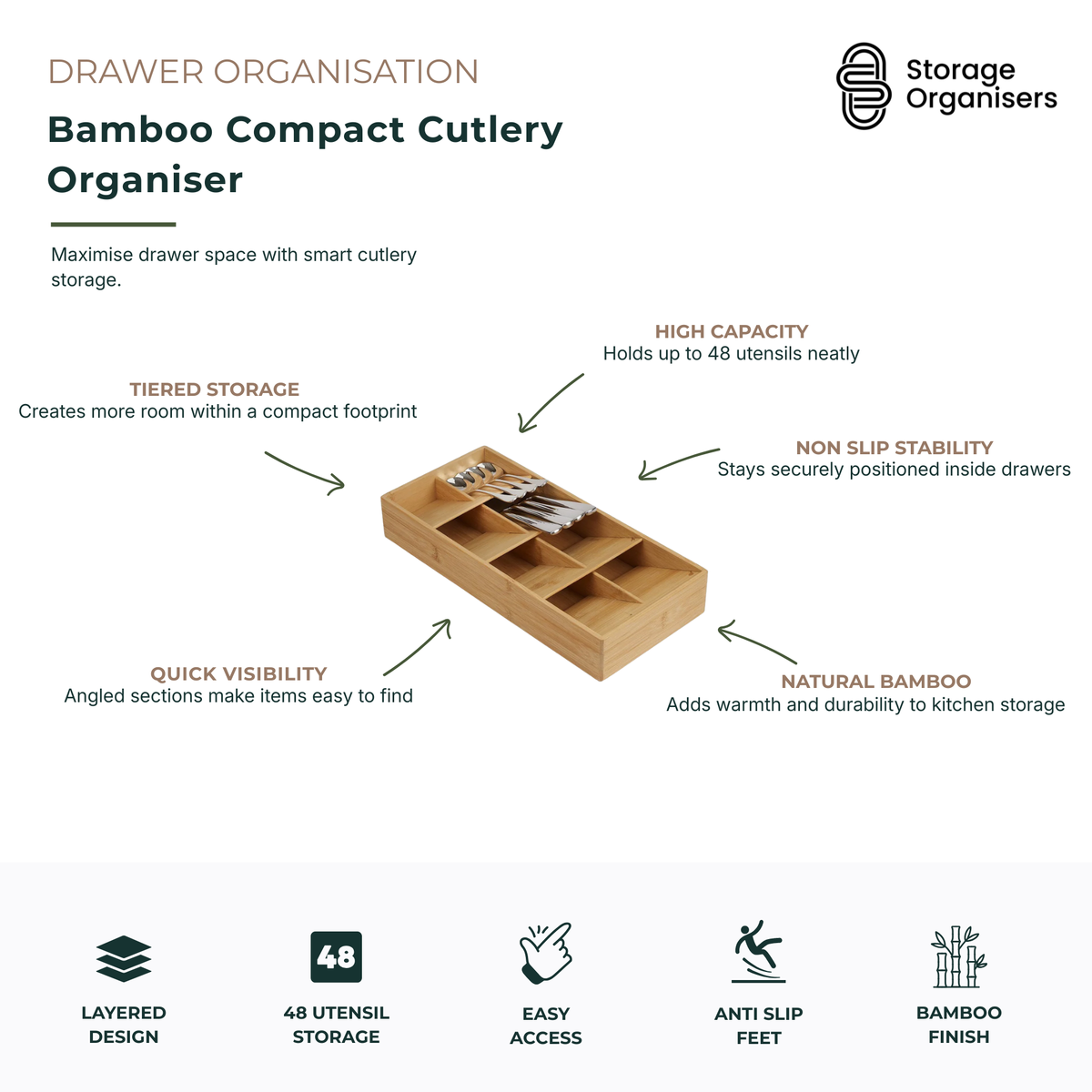 Bamboo compact cutlery organiser designed to maximise kitchen drawer space with efficient tiered utensil storage. Featuring angled compartments and layered sections, this bamboo cutlery tray holds up to 48 pieces of cutlery while maintaining a compact footprint. The smart design improves visibility and accessibility, making it easy to locate forks, knives, spoons and serving utensils at a glance. Non-slip feet help keep the organiser securely positioned inside drawers, while the durable natural bamboo const