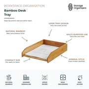 Bamboo desk tray for workspace organisation with open document storage, minimalist design, and natural bamboo finish for office desks