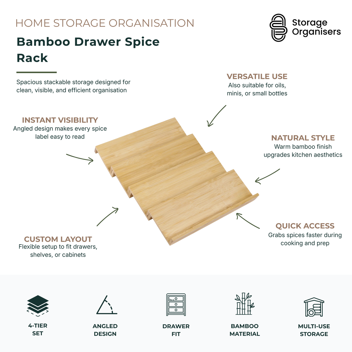Bamboo drawer spice rack with 4-tier angled design for kitchen organisation, featuring stackable spice storage and easy-to-read spice jar visibility in drawers or cabinets