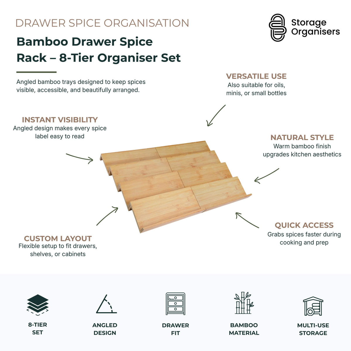 Bamboo Drawer Spice Rack – 8-Tier Organiser Set