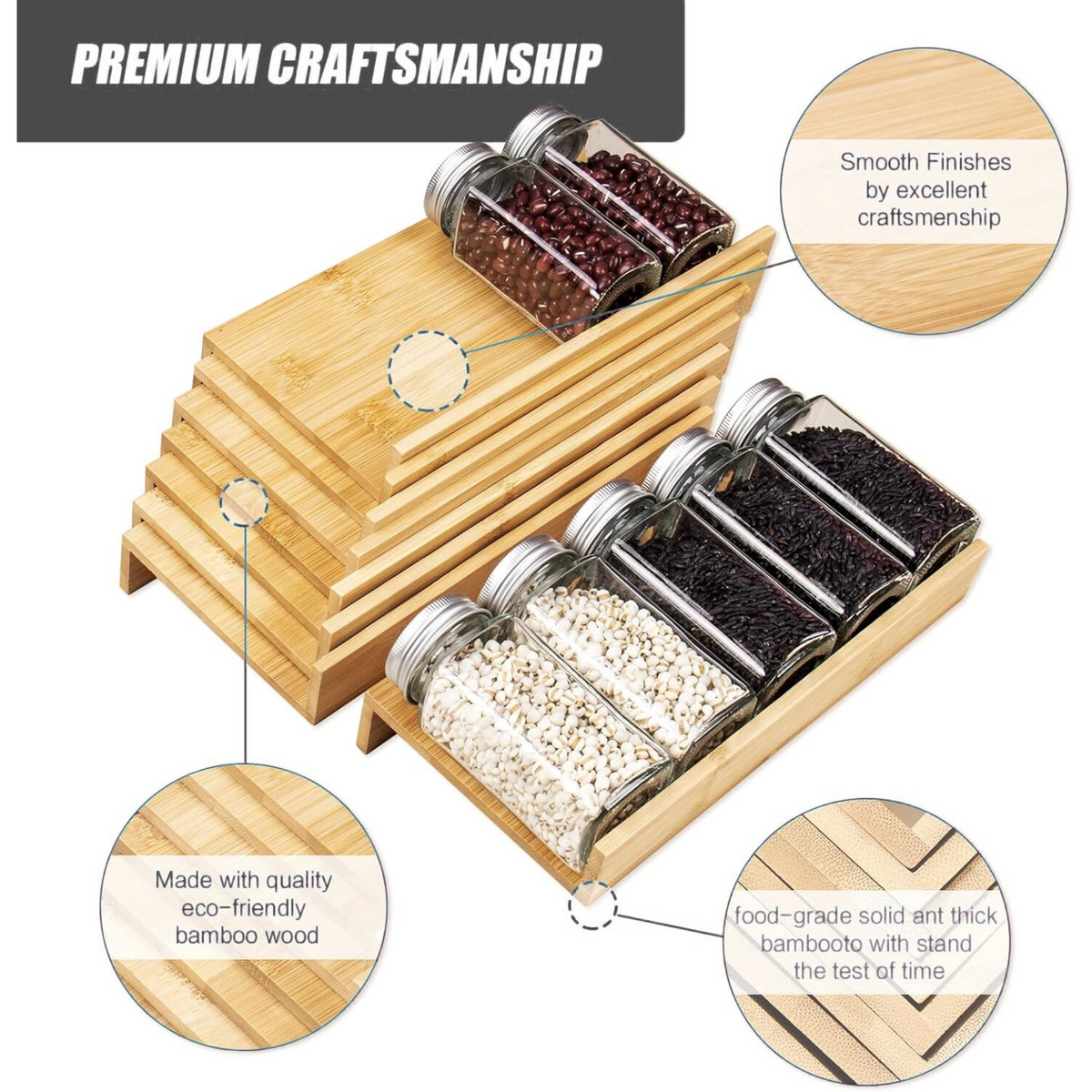 Bamboo Drawer Spice Rack – 8-Tier Organiser Set with eco-friendly materials and premium craftsmanship, ideal for pantry storage.