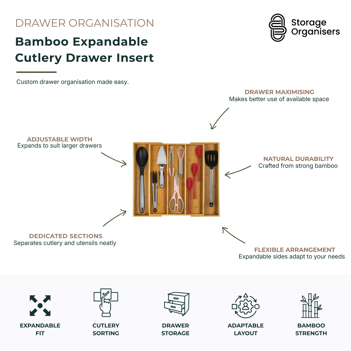Expandable bamboo cutlery drawer insert with adjustable width and multiple compartments for organising cutlery, utensils and kitchen tools. Natural bamboo drawer organiser designed to maximise storage space, create dedicated sections and adapt to different drawer sizes. Durable expandable cutlery tray for neat, efficient kitchen drawer organisation and easy access to everyday utensils.