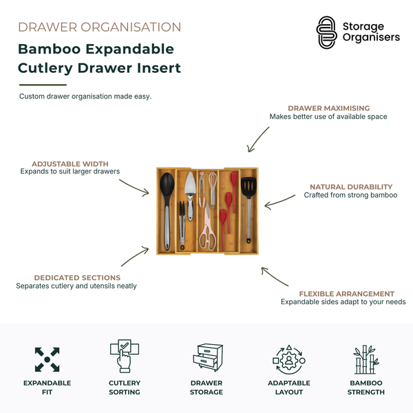 Expandable bamboo cutlery drawer insert with adjustable width and multiple compartments for organising cutlery, utensils and kitchen tools. Natural bamboo drawer organiser designed to maximise storage space, create dedicated sections and adapt to different drawer sizes. Durable expandable cutlery tray for neat, efficient kitchen drawer organisation and easy access to everyday utensils.