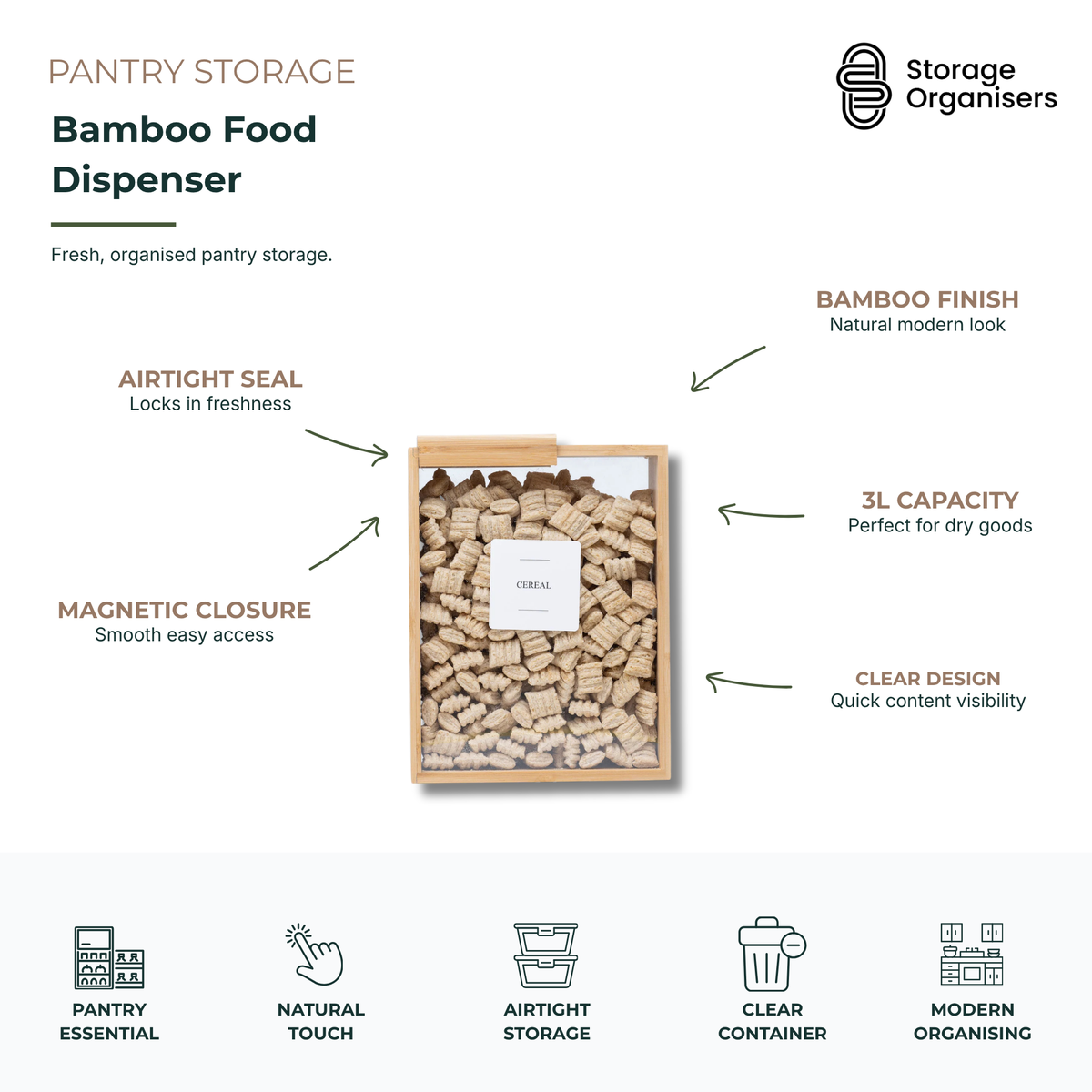 3L bamboo food dispenser with airtight seal and clear container design for modern pantry storage, dry food organisation, and fresh cereal or snack storage