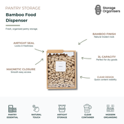 3L bamboo food dispenser with airtight seal and clear container design for modern pantry storage, dry food organisation, and fresh cereal or snack storage