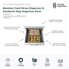 Bamboo food wrap dispenser and sandwich bag organiser pack designed to keep kitchen drawers neat and organised. Features dedicated storage compartments for cling wrap, baking paper, foil, sandwich bags, and freezer bags, built-in cutters for clean and easy dispensing, flexible drawer or wall-mounted installation, and a premium bamboo finish. Ideal for reducing kitchen clutter, improving accessibility, and creating an organised food storage and meal preparation station.