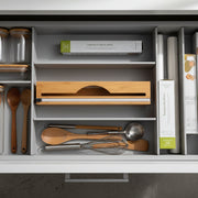 Bamboo Food Wrap Dispenser – Single Roll in a kitchen drawer with storage organisers, ideal for pantry organisation and kitchen accessibility.