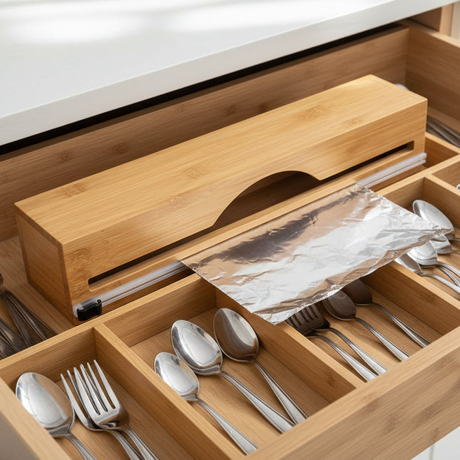 Bamboo Food Wrap Dispenser – Single Roll in a kitchen drawer for efficient foil storage, enhancing kitchen organisation with storage organisers.