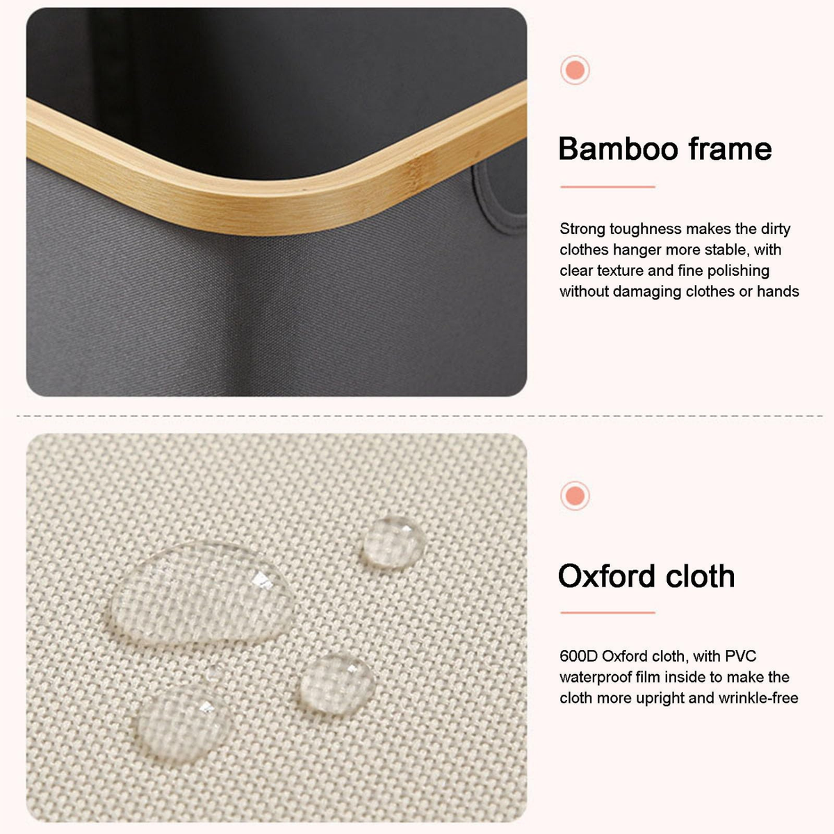 Close-up of Black Linen Basket with Double Handle showcasing sturdy bamboo frame and waterproof Oxford cloth for kitchen organisation.