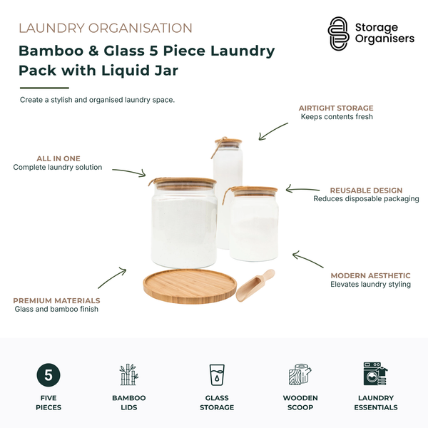 5-piece bamboo and glass laundry storage set with airtight jars, liquid storage bottle, wooden scoop, and bamboo tray, designed to create a stylish and organised laundry space. Features reusable glass containers with bamboo lids to keep laundry essentials fresh and neatly stored, premium natural materials, and a modern aesthetic that complements contemporary laundries. Ideal for storing laundry powder, washing soda, scent boosters, pegs, detergents, and other laundry room essentials while reducing disposabl