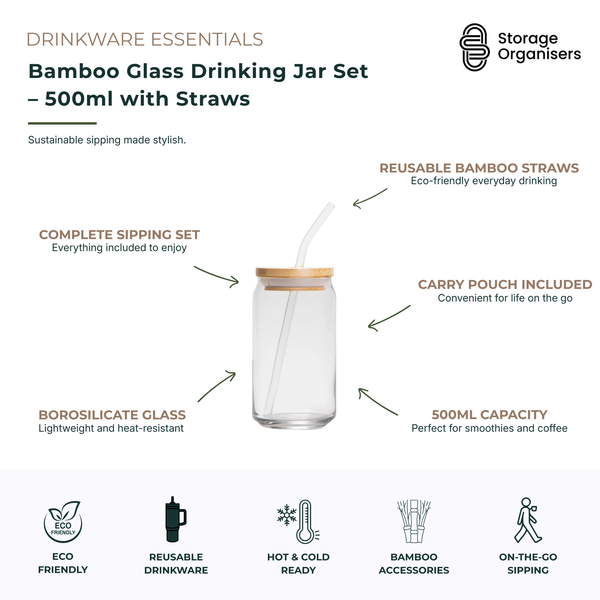 500ml bamboo glass drinking jar set with reusable straws, bamboo lid, and carry pouch. Made from lightweight borosilicate glass for hot and cold beverages, ideal for smoothies, iced coffee, tea, juices, and everyday hydration. Eco-friendly reusable drinkware designed for home, office, travel, and on-the-go sipping.