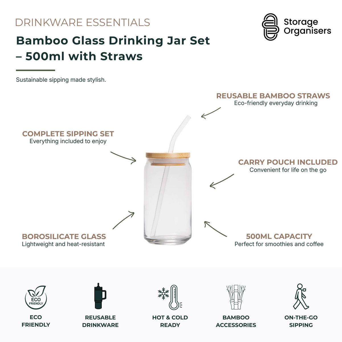 Bamboo Glass Drinking Jar Set – 500ml with Straws