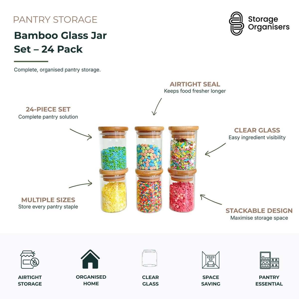 24-piece bamboo glass pantry storage jar set featuring airtight bamboo lids, clear glass containers in multiple sizes, and stackable designs for organised pantry storage, ingredient visibility, and long-lasting freshness