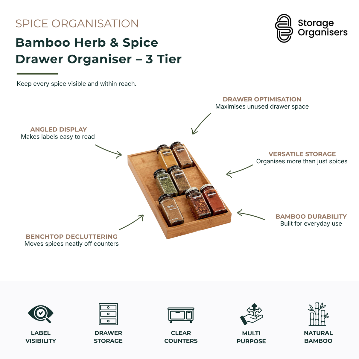 Three-tier bamboo herb and spice drawer organiser designed to keep spice jars neatly arranged, visible, and easy to access. Featuring an angled stepped design that improves label visibility, this natural bamboo spice organiser maximises drawer space while reducing benchtop clutter. Suitable for storing herbs, spices, seasoning blends, baking ingredients, tea sachets, and small kitchen essentials. Durable bamboo construction provides long-lasting everyday use, while the compact drawer-friendly design creates