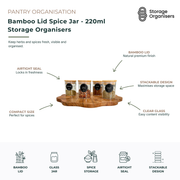 220ml glass spice jar with a natural bamboo lid, designed for storing herbs, spices, seasonings, and pantry essentials. The airtight seal helps maintain freshness and flavour, while the clear glass construction provides easy visibility of contents. Its compact, stackable design maximises pantry storage space and creates a neat, organised kitchen setup. Ideal for rosemary, chilli flakes, mixed herbs, nutmeg, and other everyday cooking ingredients.