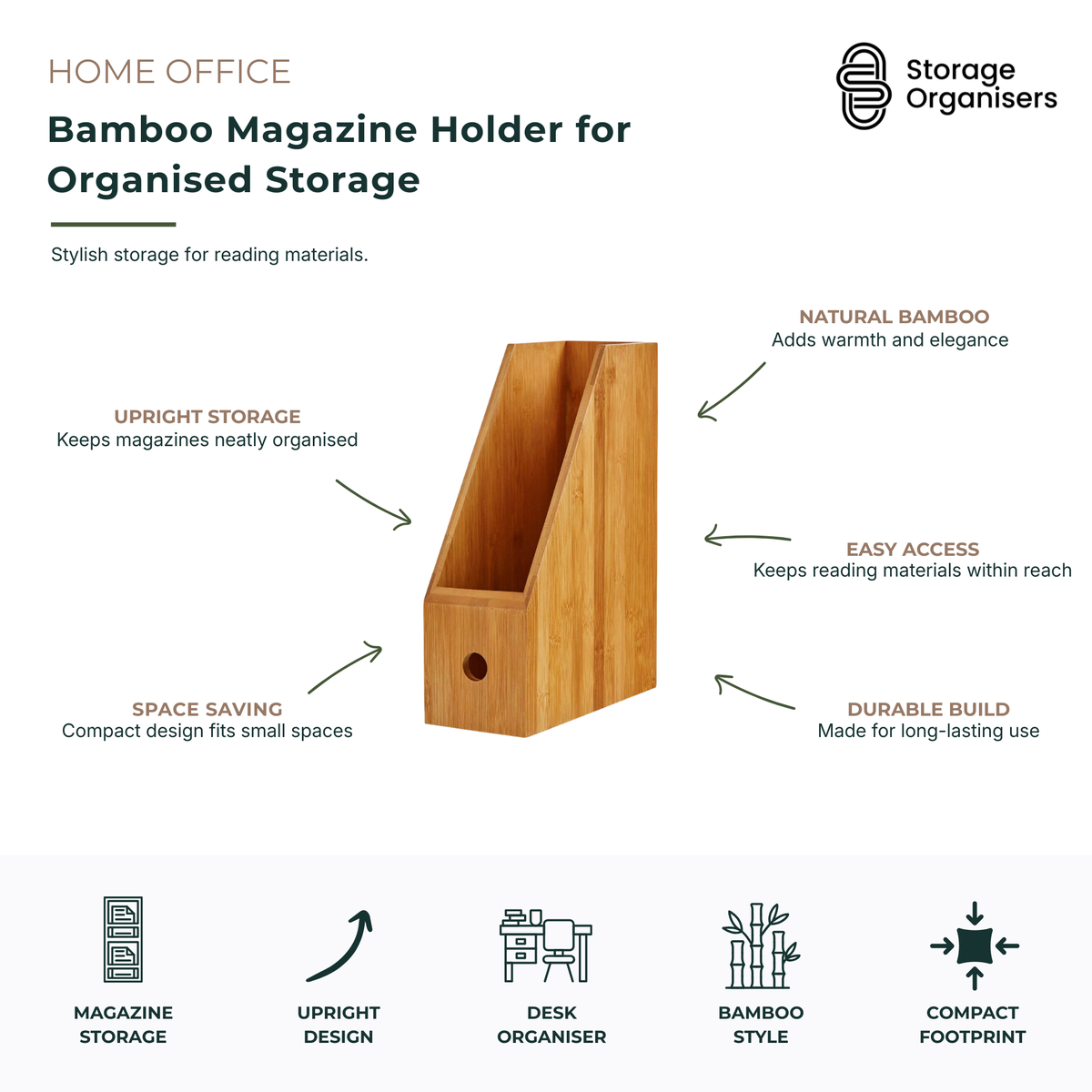 Natural bamboo magazine holder designed for organised storage of magazines, folders, documents, notebooks, and office supplies. The upright file organiser features a compact space-saving design, durable bamboo construction, and easy-access open front for keeping reading materials neatly arranged on desks, shelves, or home office workspaces. Ideal for office organisation, document storage, and modern desk styling.
