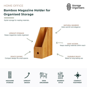 Natural bamboo magazine holder designed for organised storage of magazines, folders, documents, notebooks, and office supplies. The upright file organiser features a compact space-saving design, durable bamboo construction, and easy-access open front for keeping reading materials neatly arranged on desks, shelves, or home office workspaces. Ideal for office organisation, document storage, and modern desk styling.