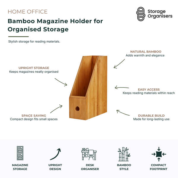 Natural bamboo magazine holder designed for organised storage of magazines, folders, documents, notebooks, and office supplies. The upright file organiser features a compact space-saving design, durable bamboo construction, and easy-access open front for keeping reading materials neatly arranged on desks, shelves, or home office workspaces. Ideal for office organisation, document storage, and modern desk styling.