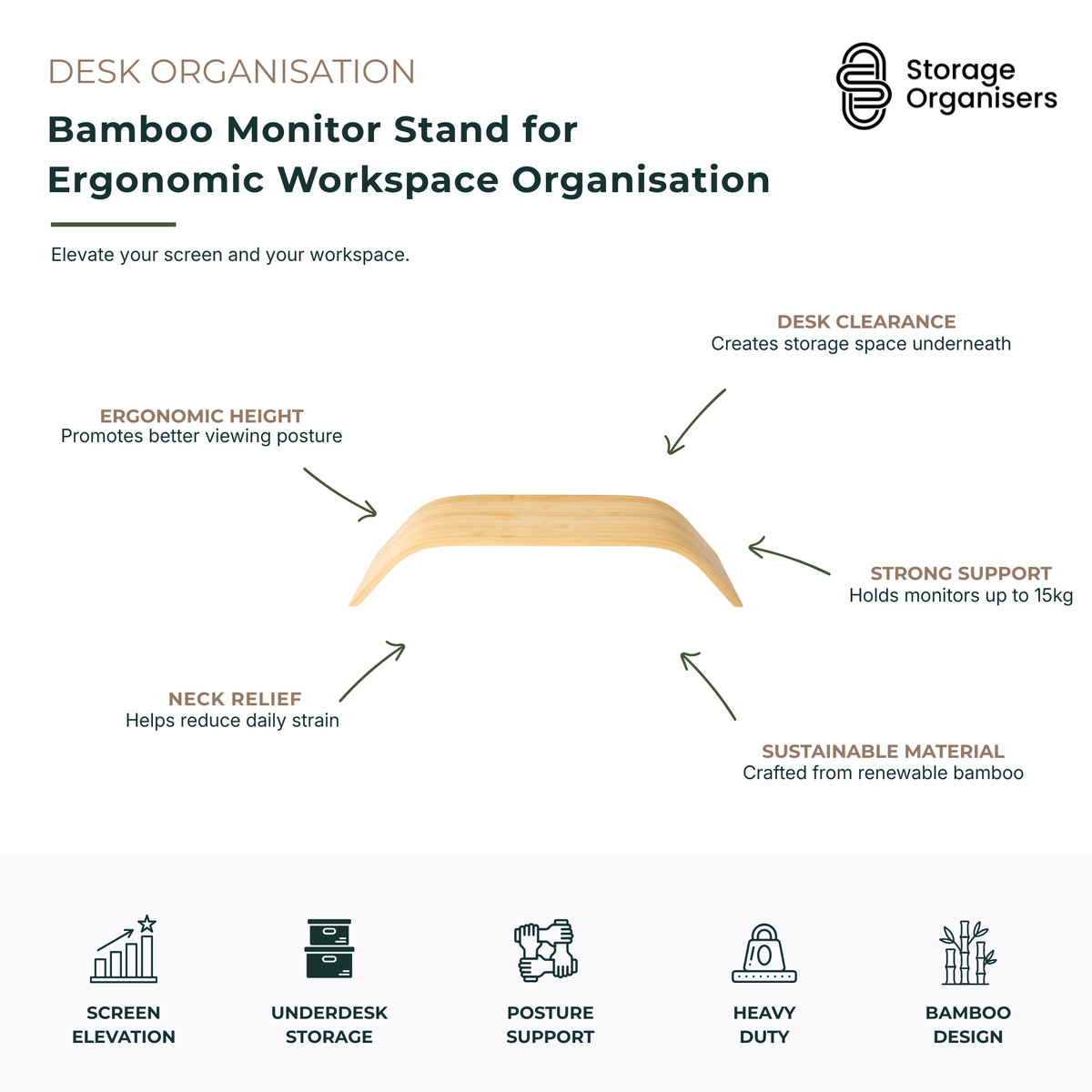 Bamboo monitor stand designed to elevate computer screens for improved ergonomics and desk organisation. Curved bamboo monitor riser helps reduce neck and eye strain by raising monitors to a comfortable viewing height while creating additional storage space underneath. Strong and durable construction supports monitors up to 15kg, making it ideal for home offices, workstations, study desks and professional office environments. Sustainable bamboo design combines workspace organisation, posture support and mod