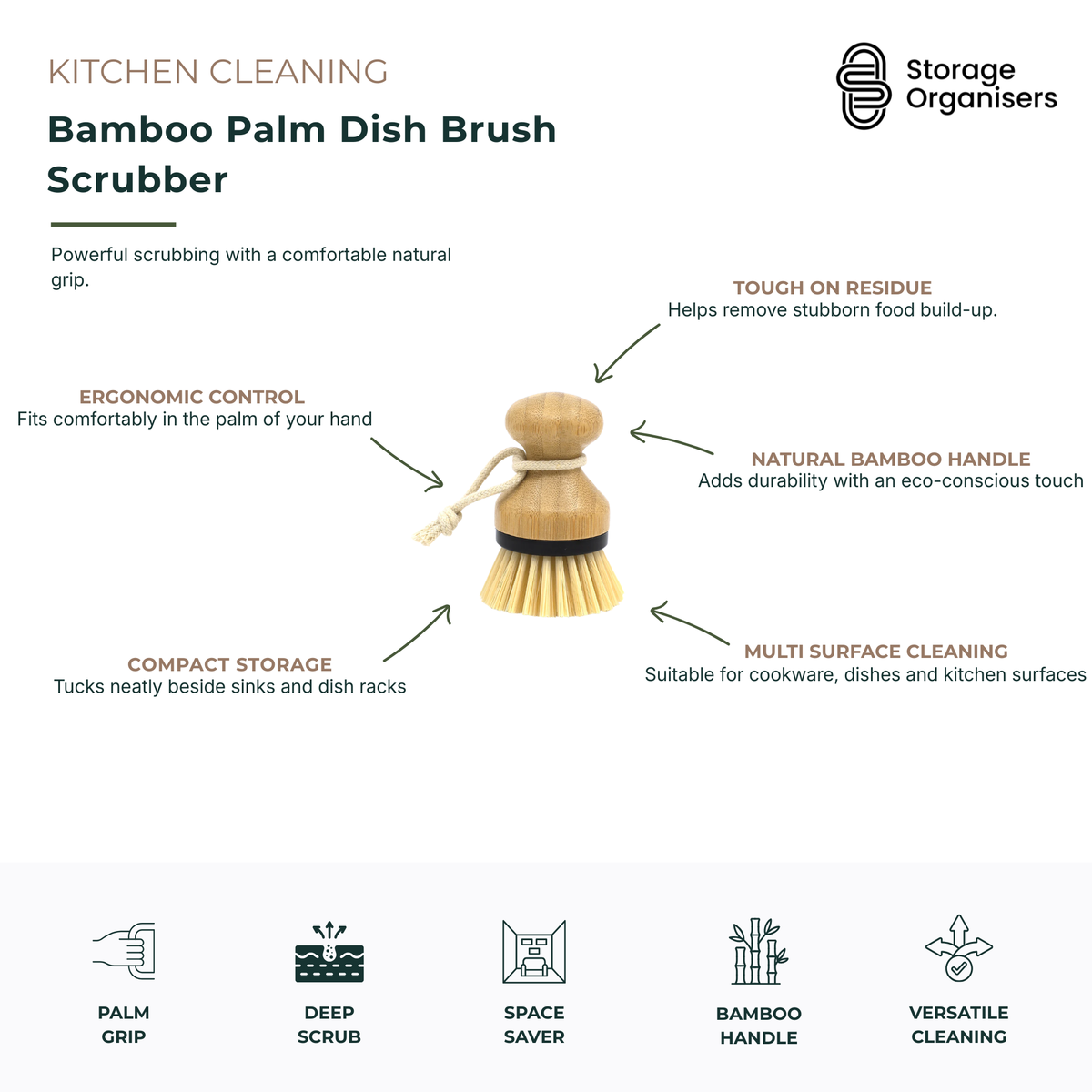 Bamboo palm dish brush scrubber designed for effective cleaning of dishes, cookware, pots, pans and kitchen surfaces. Featuring durable bristles and an ergonomic palm grip handle, this compact cleaning brush provides comfortable control while tackling stubborn food residue, grease and baked-on messes. The natural bamboo construction offers an eco-conscious alternative to plastic cleaning tools while adding durability and style to everyday kitchen routines. Its compact size allows convenient storage beside s