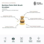 Bamboo palm dish brush scrubber designed for effective cleaning of dishes, cookware, pots, pans and kitchen surfaces. Featuring durable bristles and an ergonomic palm grip handle, this compact cleaning brush provides comfortable control while tackling stubborn food residue, grease and baked-on messes. The natural bamboo construction offers an eco-conscious alternative to plastic cleaning tools while adding durability and style to everyday kitchen routines. Its compact size allows convenient storage beside s