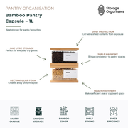 Bamboo Pantry Container 1L storage container with natural bamboo lid and clear body for organised pantry storage. Rectangular food storage canister designed for coffee beans, grains, legumes, nuts and dry goods, featuring a space-saving footprint, dust protection and a clean, uniform pantry appearance. Stylish pantry organiser that maximises cupboard space while keeping contents neatly stored and easily accessible.