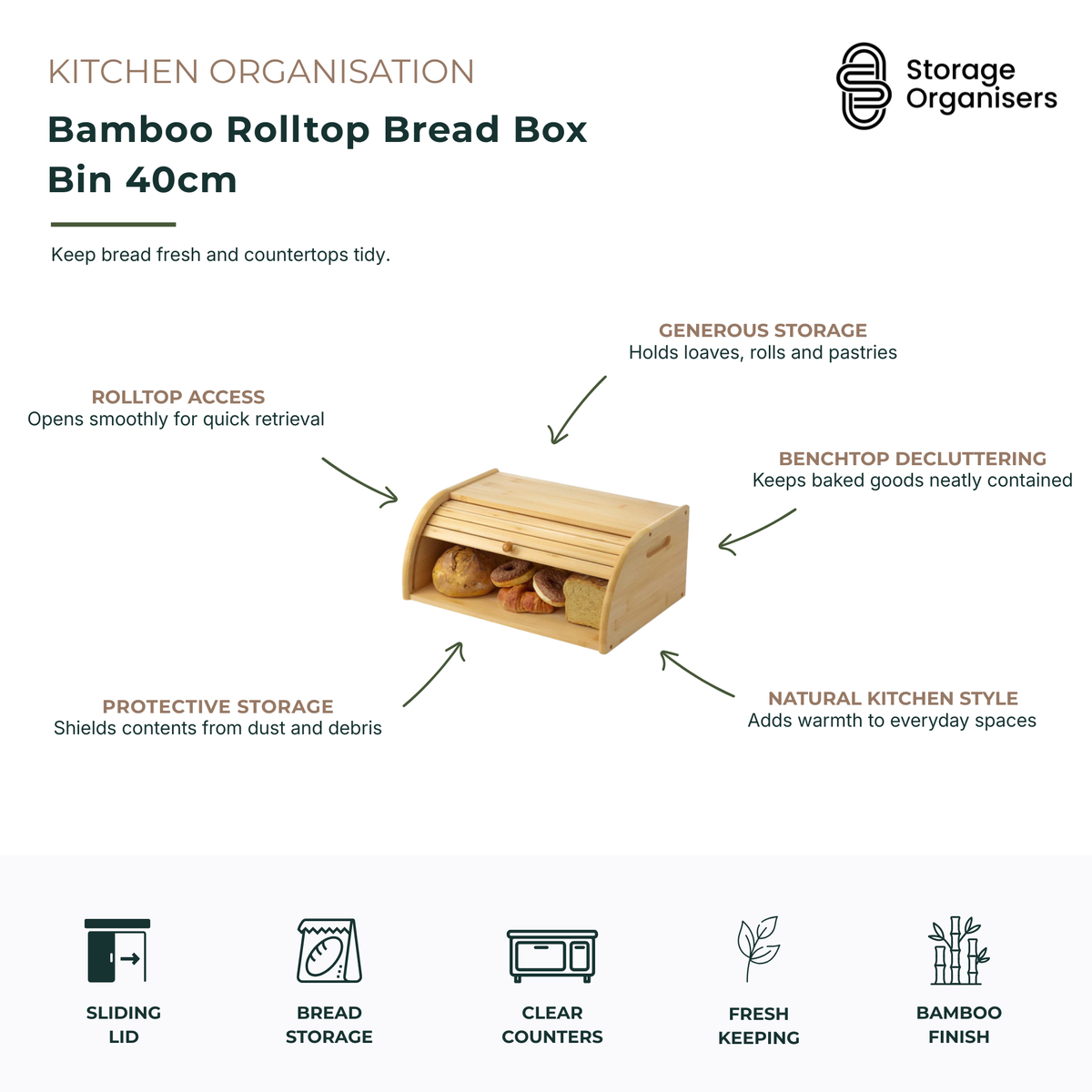 40cm bamboo rolltop bread box featuring a smooth sliding tambour door and spacious interior for storing bread, rolls, pastries, bagels, muffins, and baked goods. Designed to keep bread fresher for longer while protecting contents from dust, crumbs, and kitchen debris. The compact countertop design helps reduce clutter and maintain an organised kitchen workspace, while the natural bamboo finish adds warmth and style to modern, farmhouse, coastal, and contemporary kitchens. Easy rolltop access allows quick re
