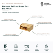 40cm bamboo rolltop bread box featuring a smooth sliding tambour door and spacious interior for storing bread, rolls, pastries, bagels, muffins, and baked goods. Designed to keep bread fresher for longer while protecting contents from dust, crumbs, and kitchen debris. The compact countertop design helps reduce clutter and maintain an organised kitchen workspace, while the natural bamboo finish adds warmth and style to modern, farmhouse, coastal, and contemporary kitchens. Easy rolltop access allows quick re