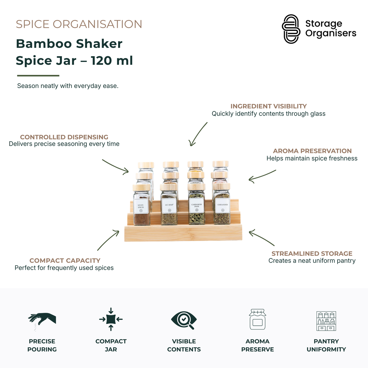 120ml bamboo shaker spice jar with clear glass body and dual-dispensing lid for precise seasoning and spice storage. Compact reusable spice container helps preserve freshness and aroma while providing easy visibility of herbs, seasonings and cooking ingredients. Stylish bamboo-accented pantry organiser designed to create a neat, uniform spice collection and streamline everyday kitchen use.