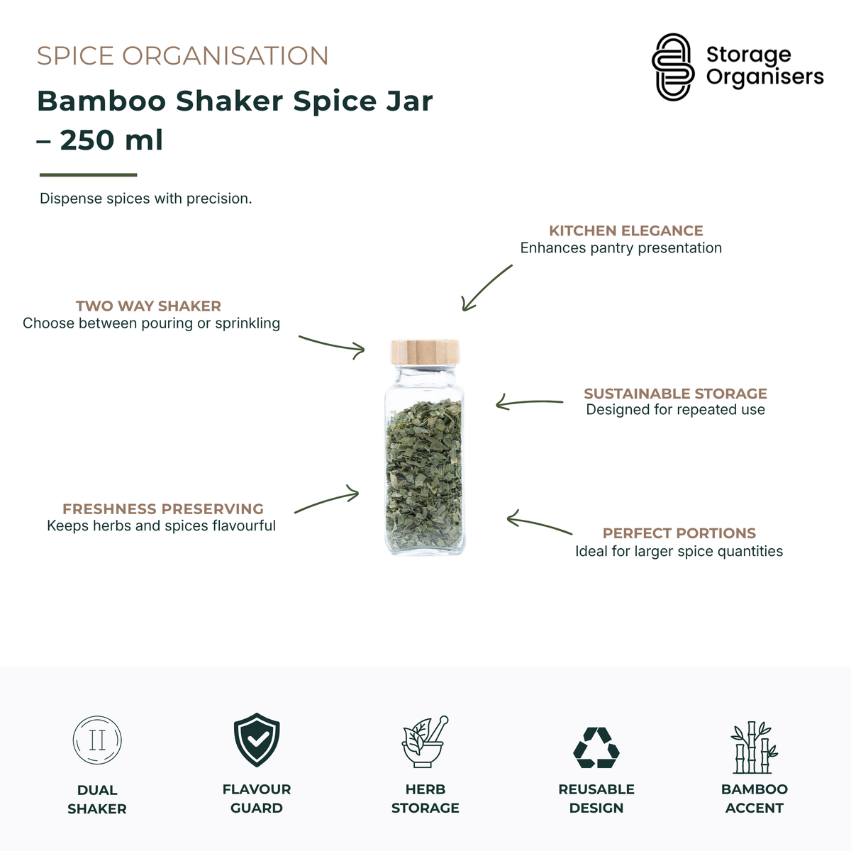 250ml glass bamboo shaker spice jar with dual-purpose lid for pouring or sprinkling herbs, spices and seasonings. Reusable kitchen storage container features a bamboo lid, clear glass body for easy ingredient visibility, and an airtight design that helps preserve freshness and aroma. Ideal pantry organisation solution for storing frequently used spices while creating a clean, coordinated and eco-friendly kitchen display.