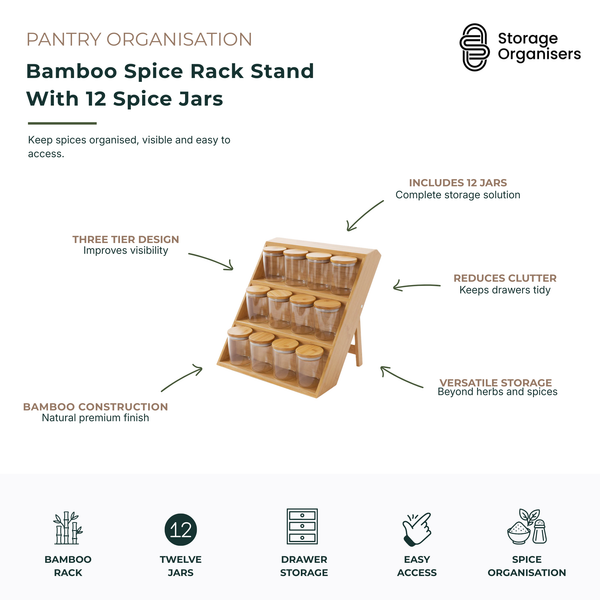 Bamboo spice rack stand with 12 glass spice jars and bamboo lids, designed to keep herbs, spices and seasonings organised, visible and easy to access. The three-tier freestanding rack maximises vertical storage space, reduces pantry and drawer clutter, and adds a natural bamboo finish to kitchen organisation. Ideal for storing spices, herbs, baking ingredients and other pantry essentials in a neat, coordinated display.