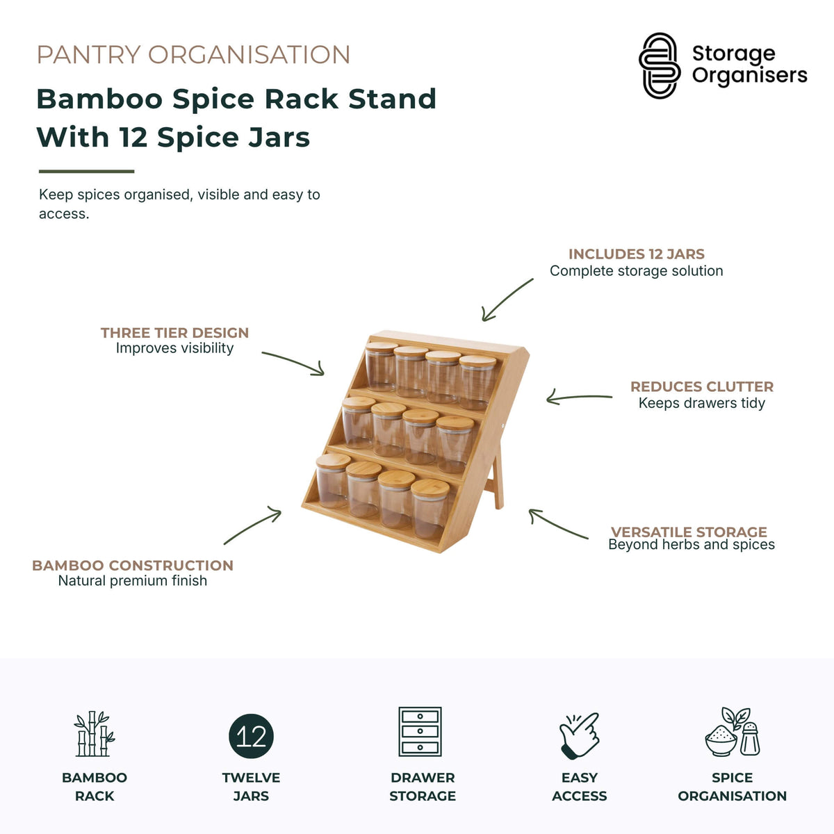 Bamboo Spice Rack Stand With 12 Spice Jars