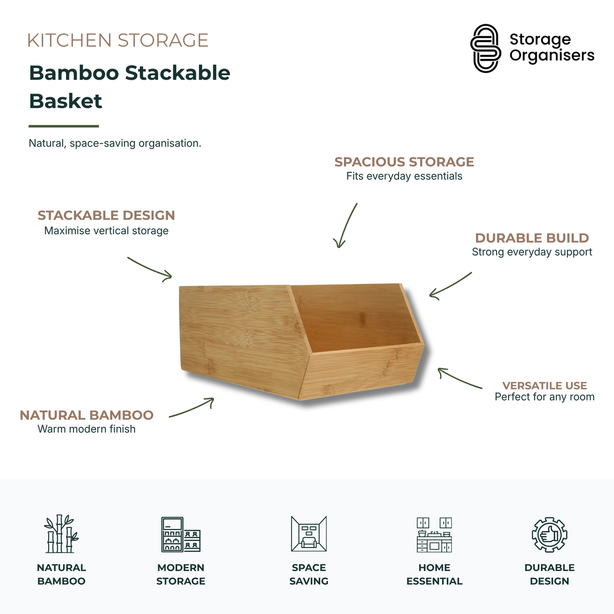 Bamboo stackable basket for kitchen storage and home organisation, featuring spacious natural bamboo design, stackable storage, and durable space-saving organisation solution