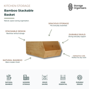 Bamboo stackable basket for kitchen storage and home organisation, featuring spacious natural bamboo design, stackable storage, and durable space-saving organisation solution