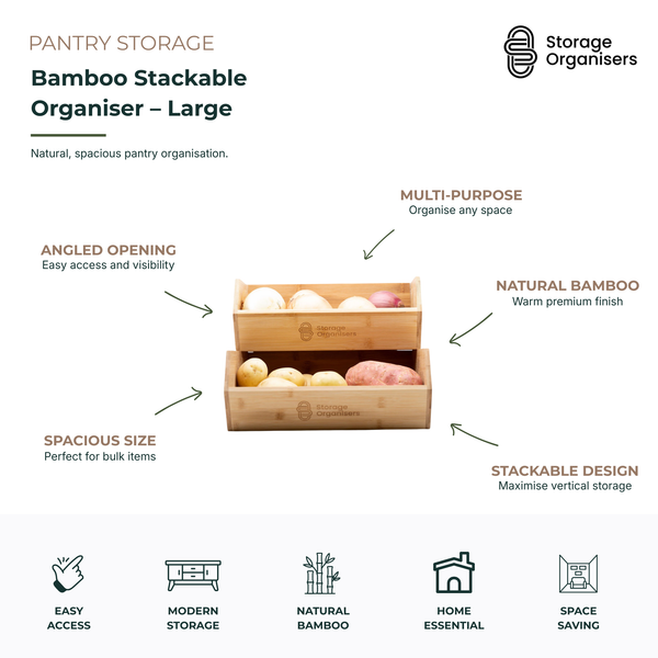 Large bamboo stackable organiser with angled front opening, designed for pantry storage, kitchen organisation, and maximising vertical space for bulk household items.